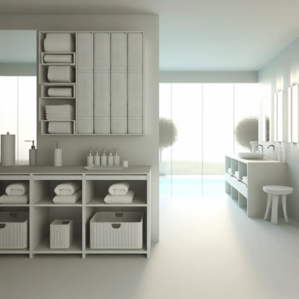 Zorganizowana, minimalistyczna łazienka z półkami i organizerami HomeSortia