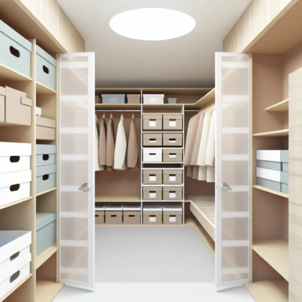 Perfekcyjnie zorganizowana garderoba z pudełkami i wieszakami