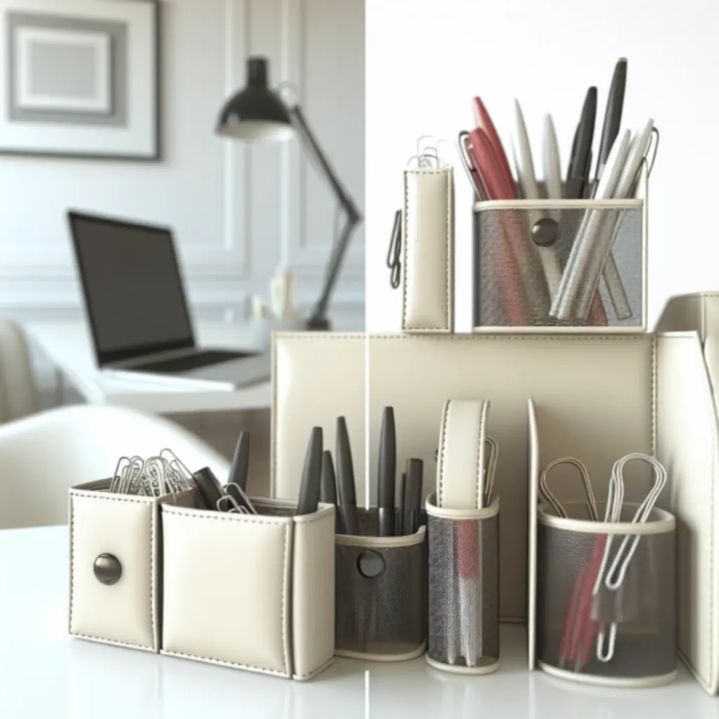 Zbliżenie na eleganckie organizery na biurko z przyborami biurowymi