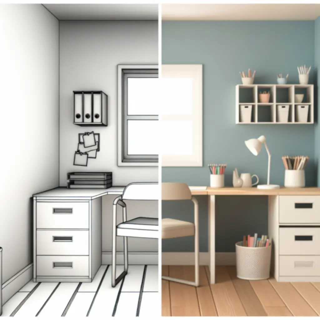 Minimalistyczne biuro domowe z organizerami na biurku i półkach