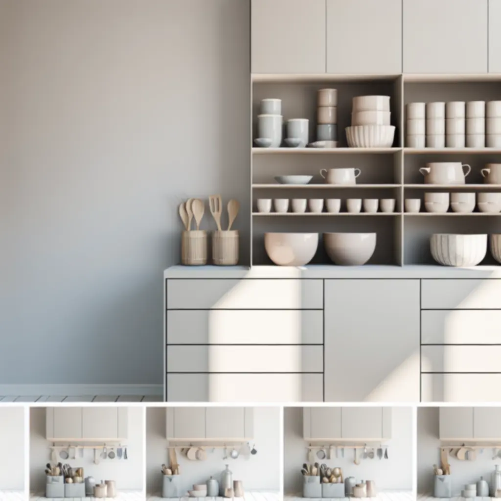 Nowocześnie zorganizowana kuchnia z pojemnikami i akcesoriami HomeSortia