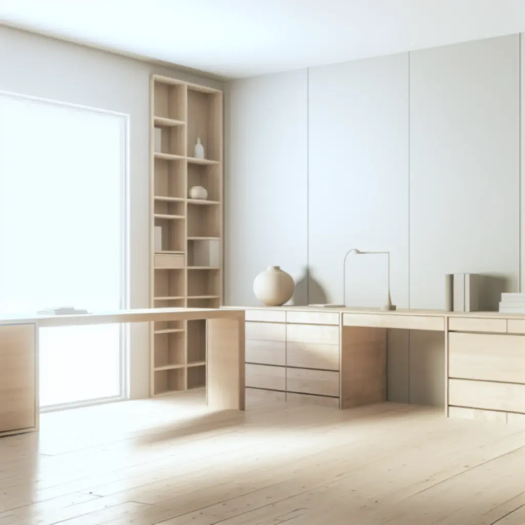 Nowoczesne, minimalistyczne domowe biuro z dobrze zorganizowanym biurkiem i półkami