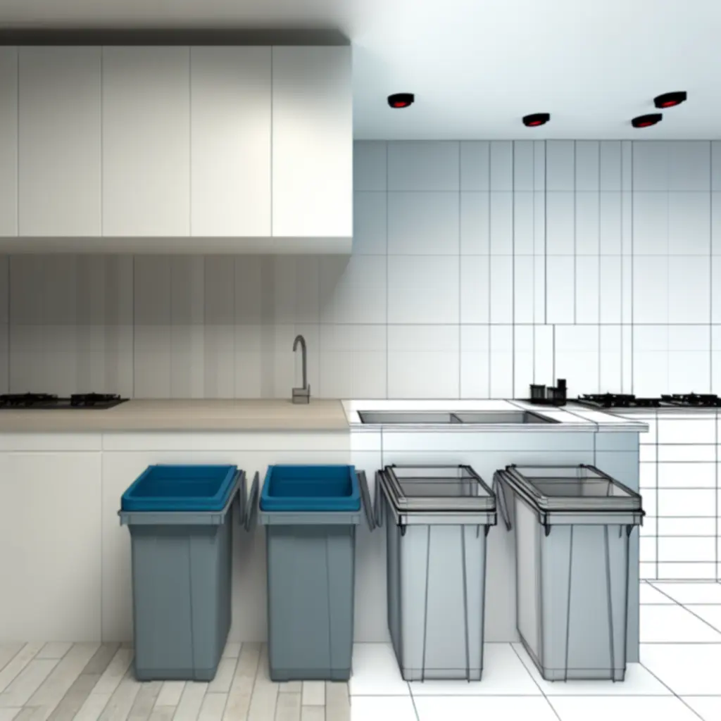 Nowoczesne pojemniki na odpady w jasnej kuchni