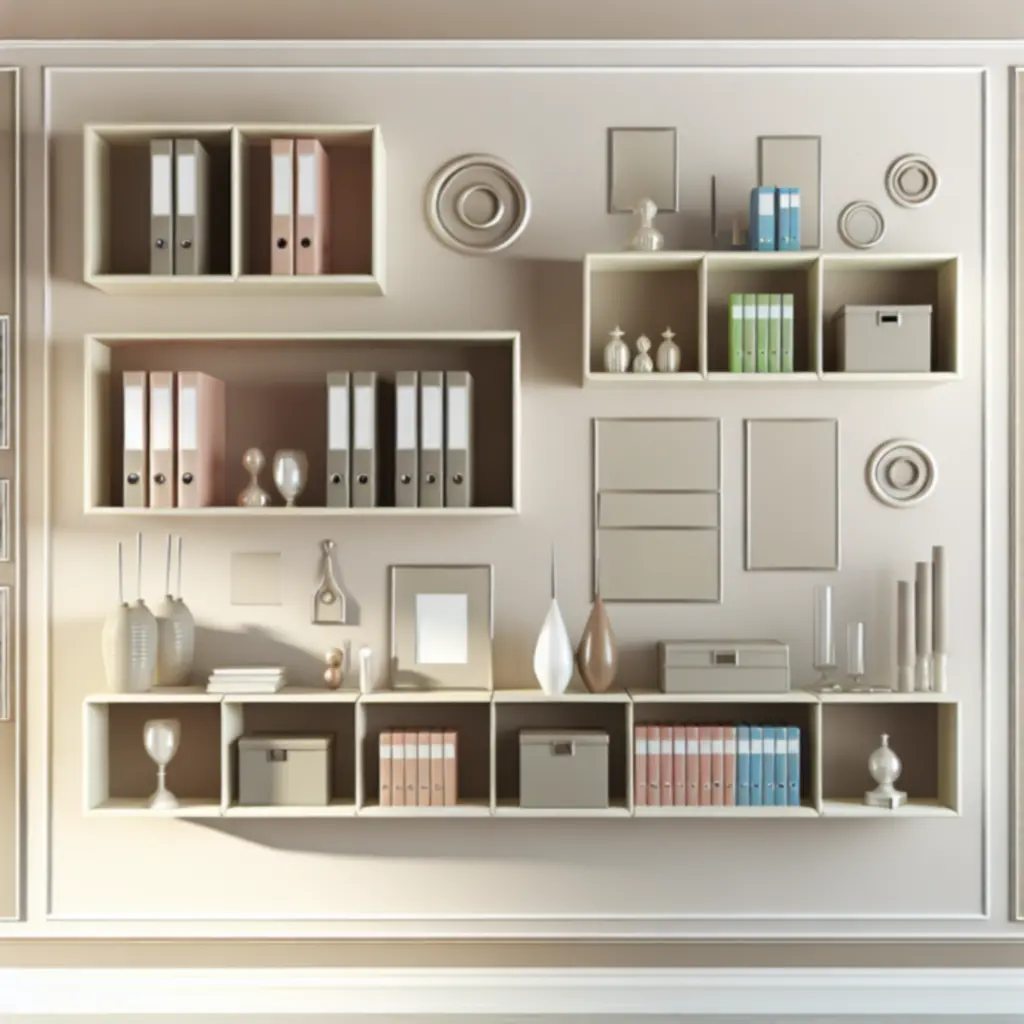 Estetyczne półki i regały w domowym biurze z książkami i pudełkami