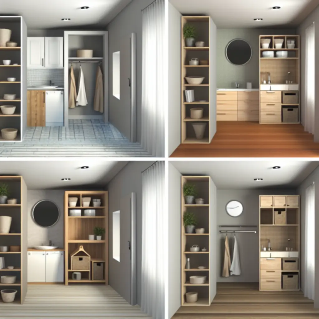 Różne pomieszczenia domu z uporządkowanymi półkami i pojemnikami